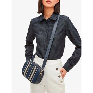 G Kate Spade Astrid Oval Crossbody Navy Blue Leather Canvas Bag PXR00433 NWT